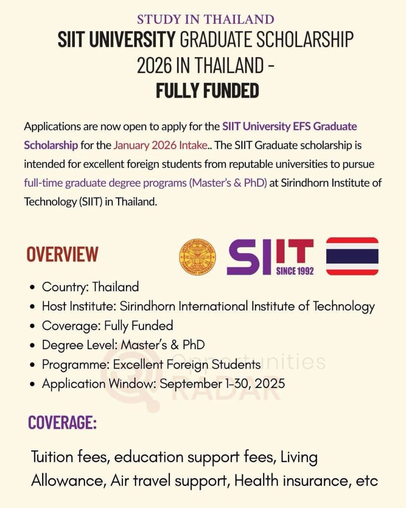 SIIT University EFS Graduate Scholarship 2026 in Thailand